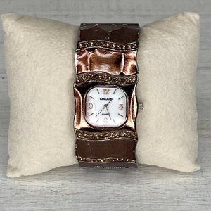 Chico's White Dial Brown Crystal Accent Hinge Bracelet Band Watch 6.5 Inch